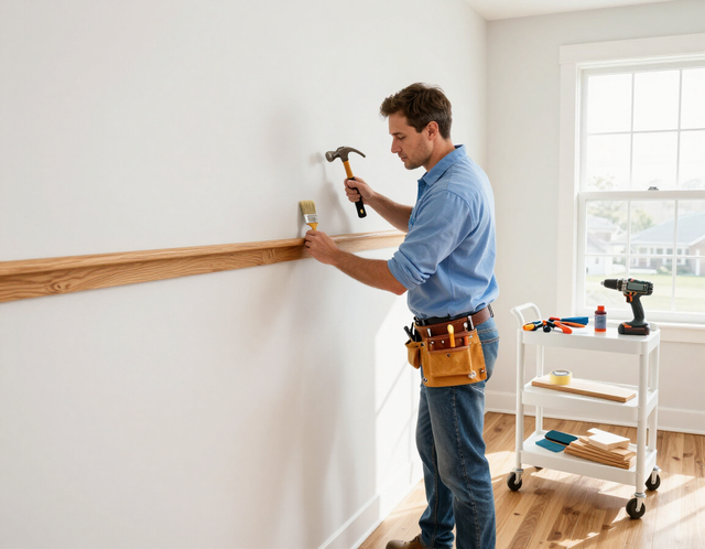 Man installing a wooden chair rail on a white wall with a hammer in a bright room