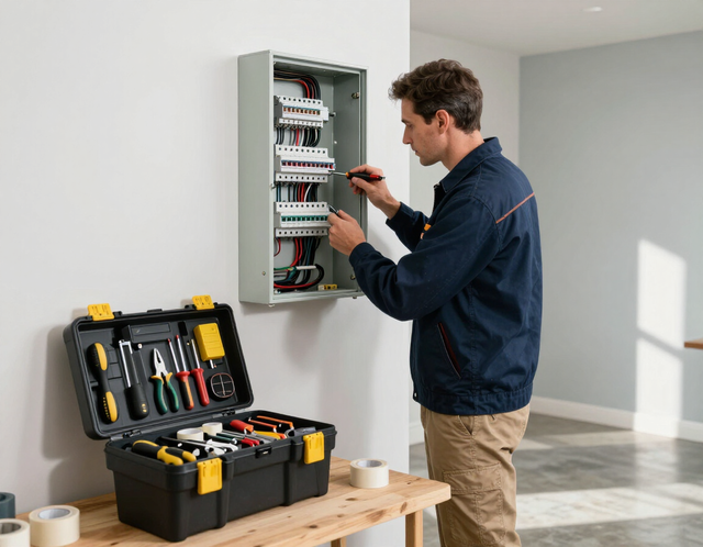 Electrician wiring a wall panel beside an open toolbox in a bright room