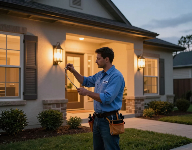 Electrician checking an outdoor porch light at dusk outside a house