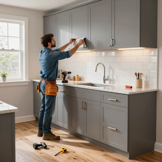 Person installing gray kitchen cabinets in a bright, modern kitchen with tools on the floor