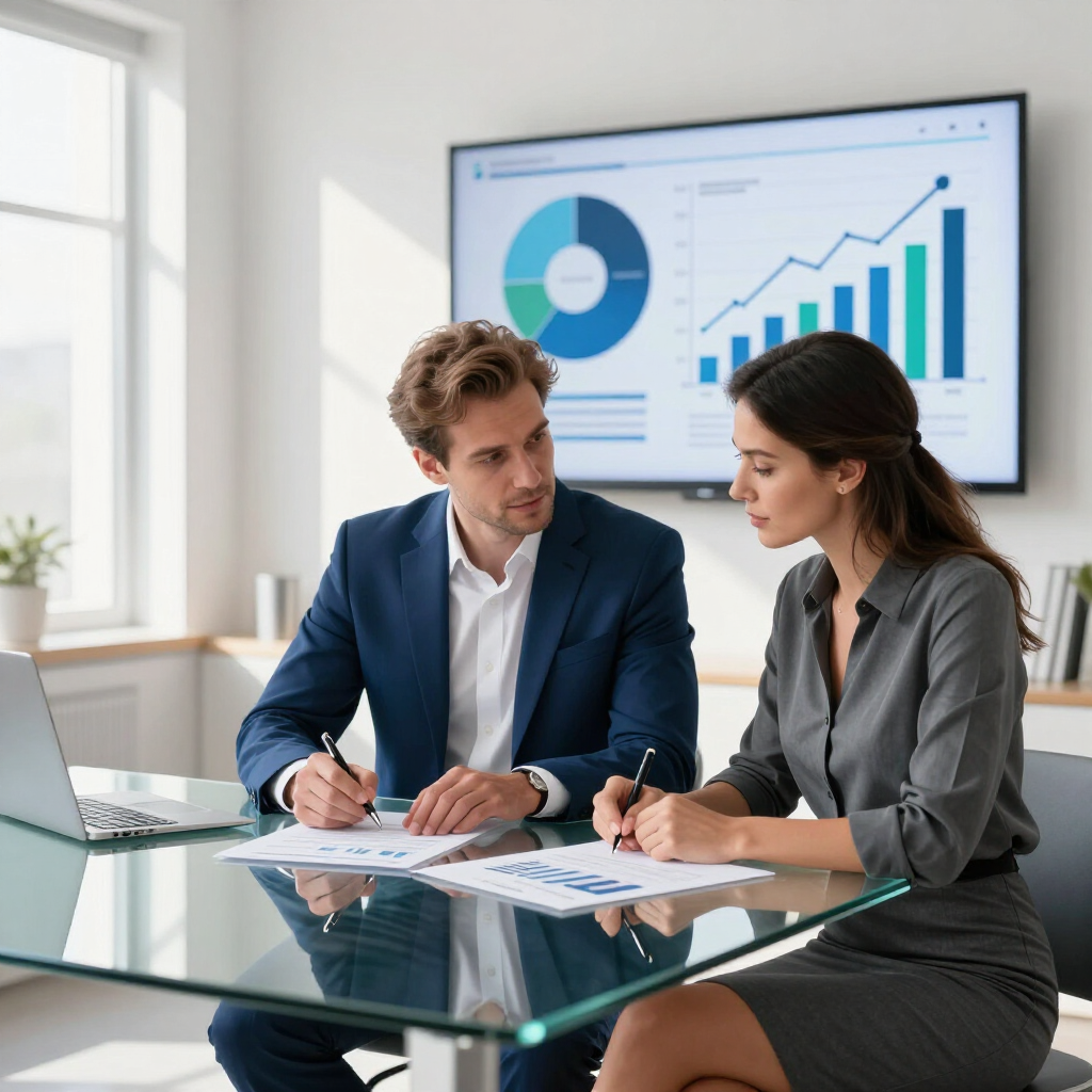 Venture Wealth financial advisor consulting with a client in a modern office setting.