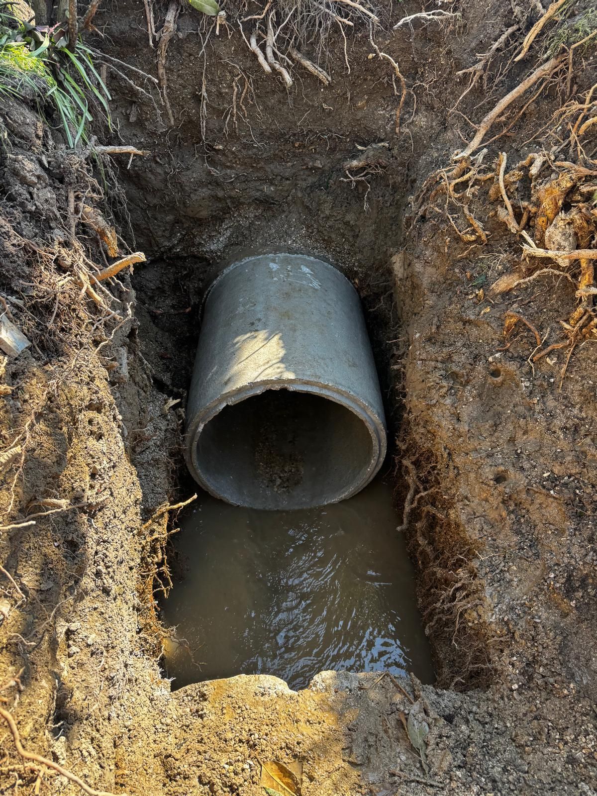 Un grande tubo nero sbocca in una trincea fangosa con acqua che si raccoglie al di sotto.