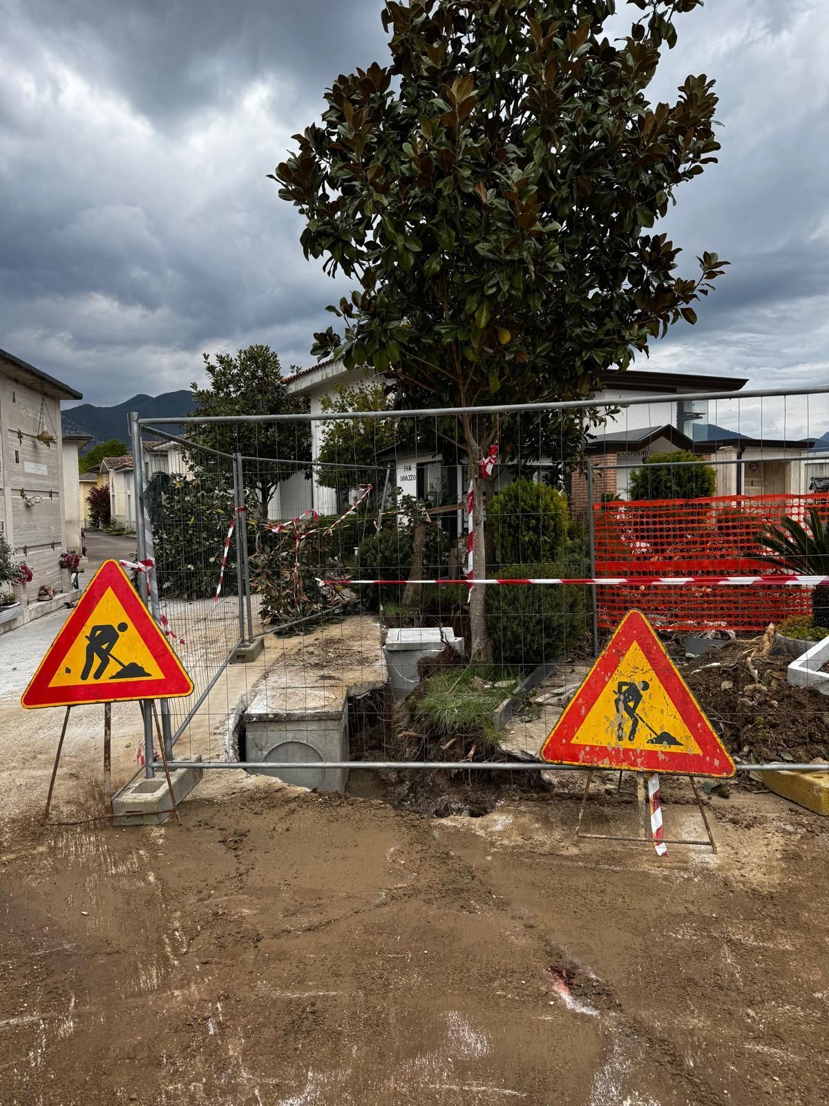 Area di lavori stradali con segnali di pericolo, scavi transennati e un albero davanti agli edifici sotto un cielo nuvoloso.