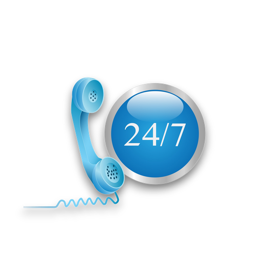 Icona blu dell'assistenza telefonica 24 ore su 24, 7 giorni su 7, con un telefono e un badge circolare.