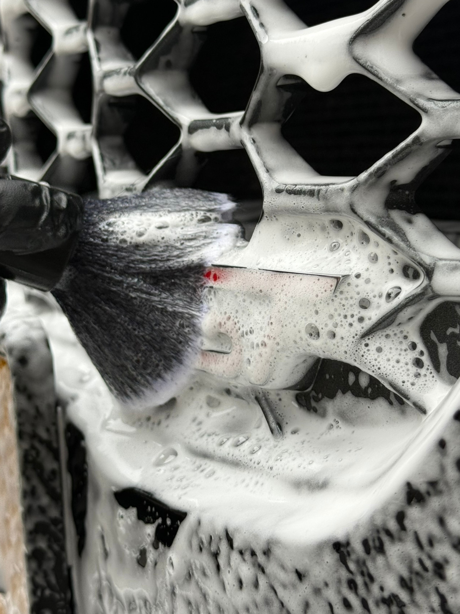 Close-up van een grille die wordt schoongemaakt doormiddel van een kwastje