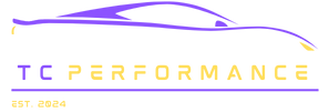 Logo voor TC Performance, met een gestileerd paars autosilhouet en de tekst "TC PERFORMANCE" en "EST. 2024".