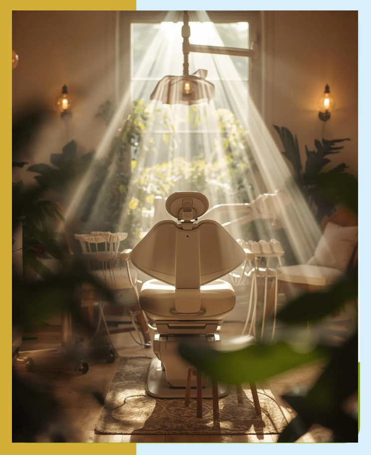 Dental chair in sunlit room, rays beaming through window, lush plants surround.