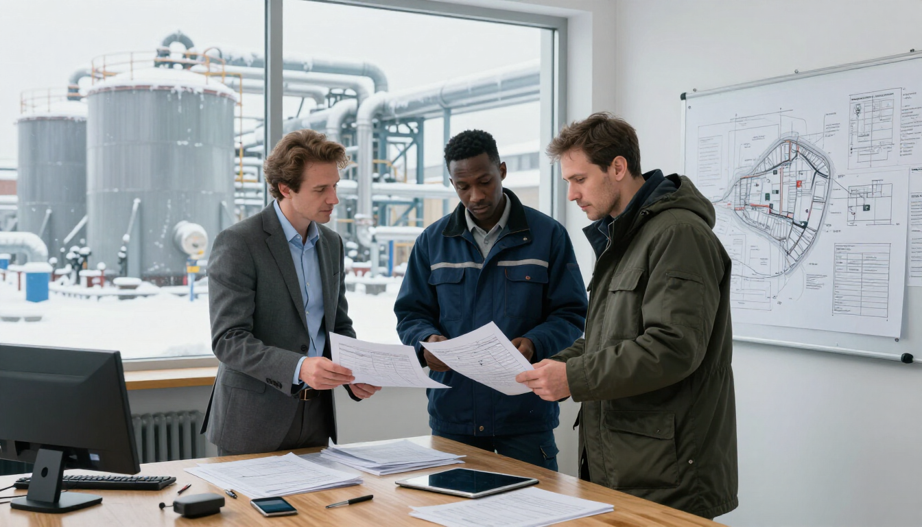 Three colleagues reviewing blueprints in a bright industrial office with machinery visible through the window
