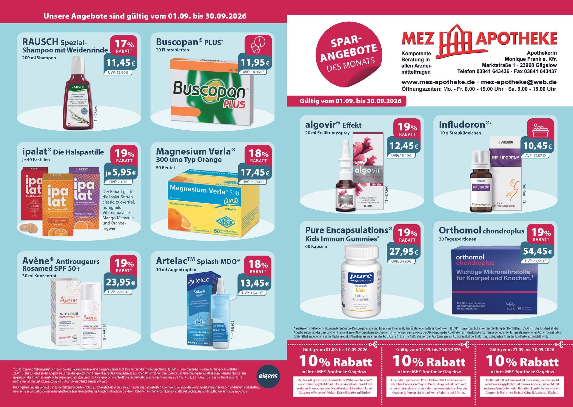 Ein Flyer für eine Apotheke mit vielen Produkten darauf
