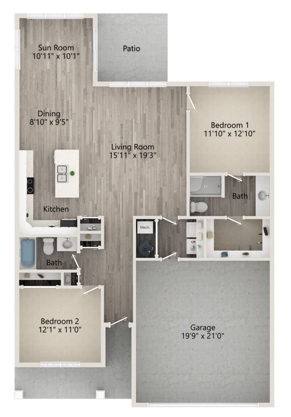 Floor plan of a two-bedroom apartment with a kitchen, dining area, living room, and a garage.