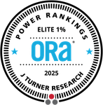 ORa Power Rankings seal, Elite 1%, Turner Research, 2025, in black, blue, and red.