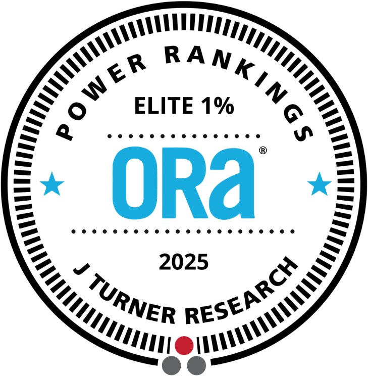 ORa Power Rankings seal, Elite 1%, Turner Research, 2025, in black, blue, and red.