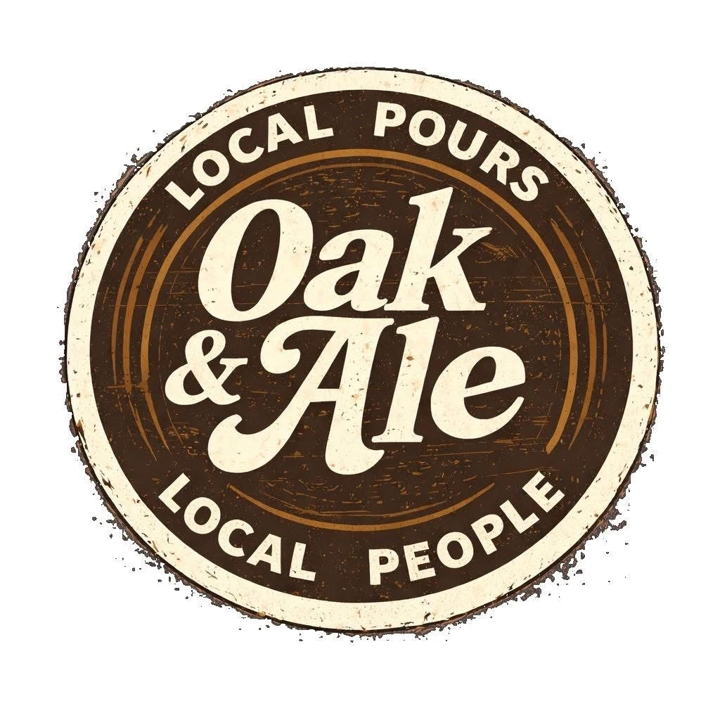 Round brown and cream Oak & Ale logo with “Local Pours” and “Local People” text