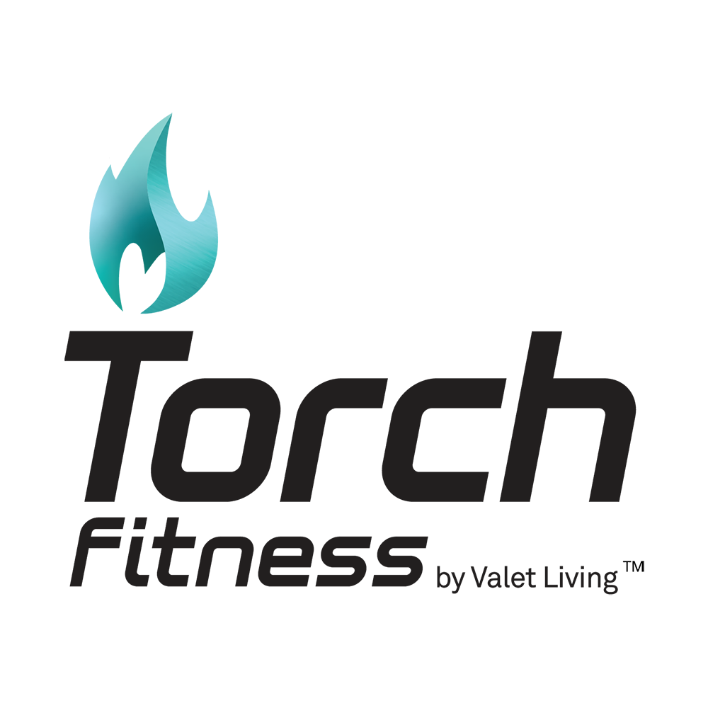 Torch Fitness logo with teal flame icon and black text by Valet Living