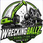 Wrecking Ball Demolition logo with green excavator smashing a house and large wrecking ball, based in 417.