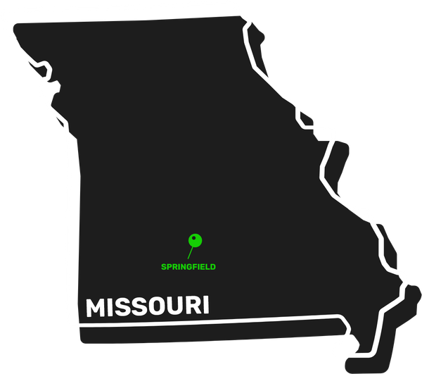 Black outline map of Missouri with Springfield marked in green.