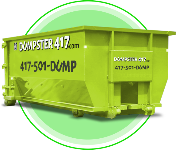 Bright green Dumpster417.com dumpster with 417-501-DUMP text on a white background