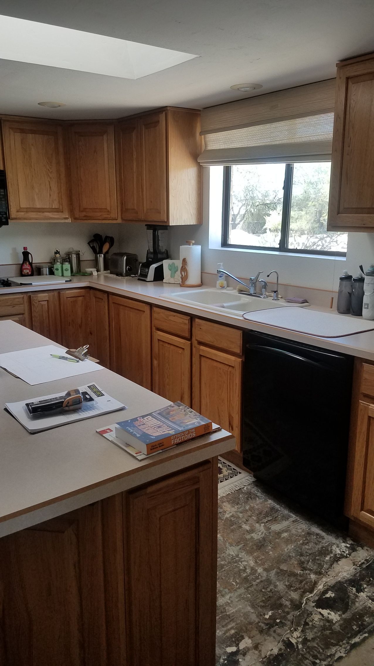Kitchen with light cabinets, off-white countertops, black dishwasher, and window with a light shade.