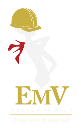 Silhouette wearing a golden hard hat and red high heels, with "EMV Design &bull; Build" text.