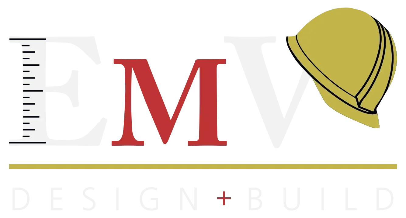 Logo: "EMW Design + Build" with a ruler, red 'M', and a gold hardhat.