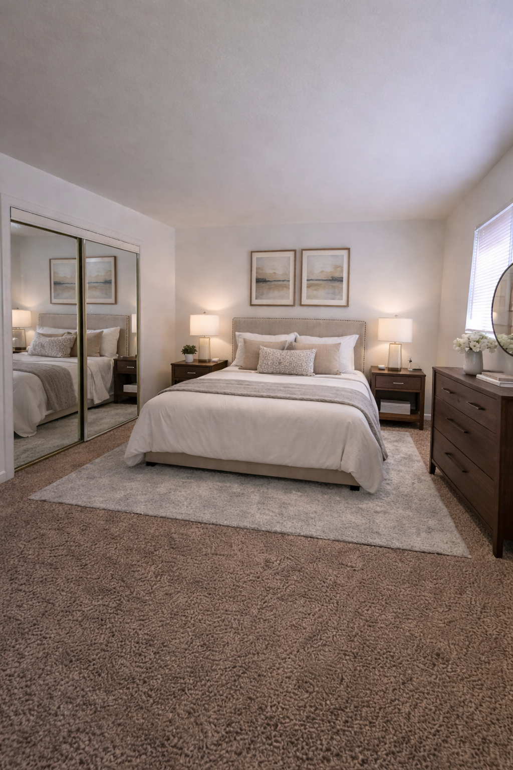 Bright beige bedroom with a neatly made bed, mirrored closet, nightstands, and soft lamps