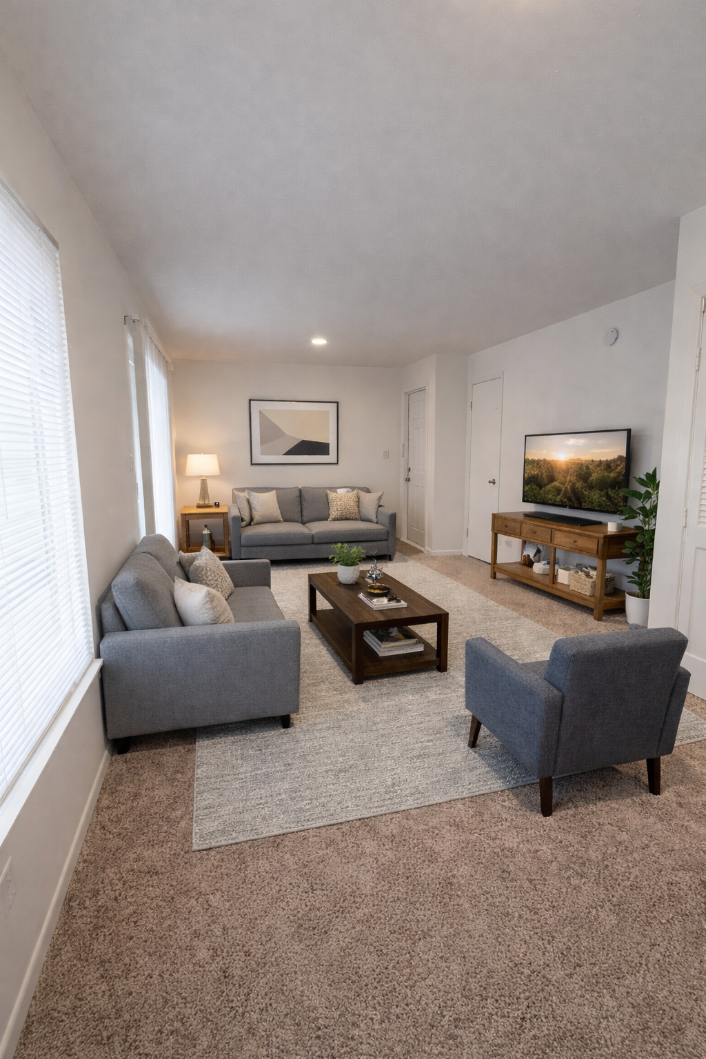 Bright living room with gray sofas, TV on wooden stand, coffee table, lamp, and large window blinds