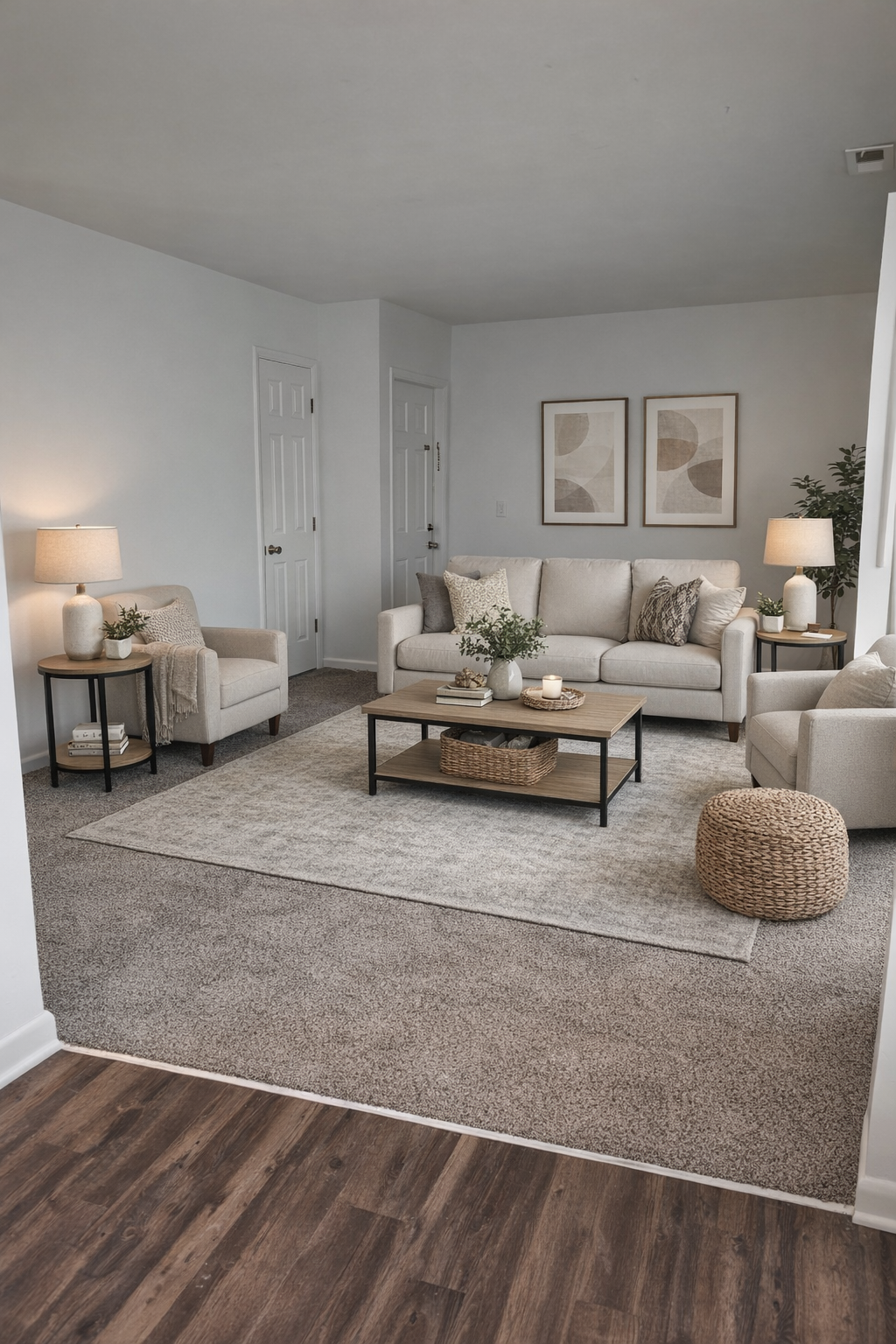 Neutral living room with beige sofas, coffee table, lamps, and gray carpet on dark wood floor