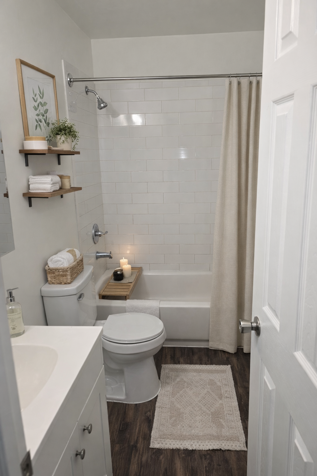Small bathroom with white shower curtain, toilet, vanity, and dark wood floor.
