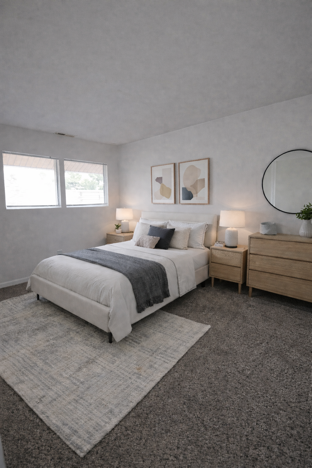 Bright modern bedroom with a white bed, gray rug, dresser, and window light
