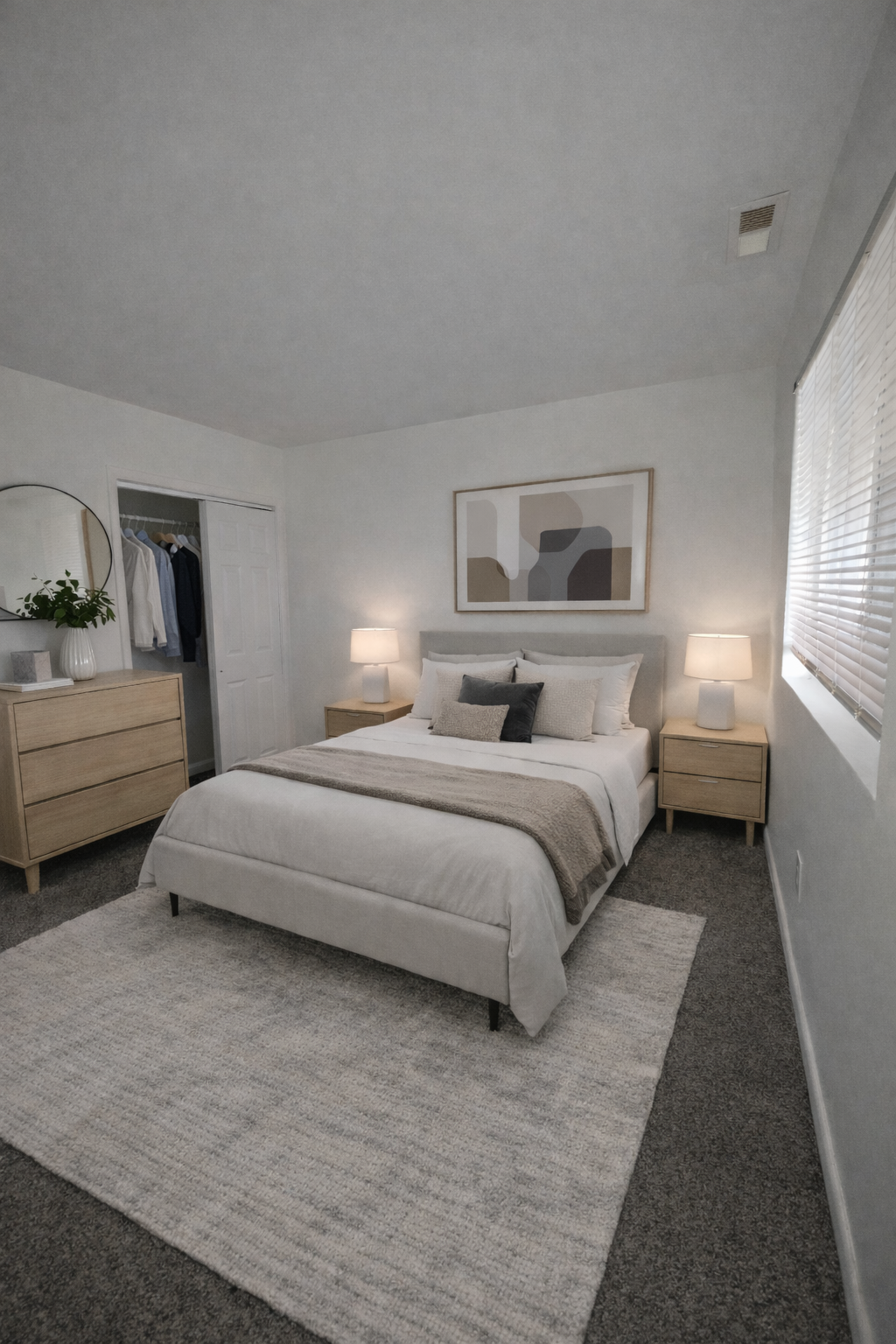 Bright, neutral bedroom with a bed, two nightstands, lamps, wall art, dresser, and window blinds.
