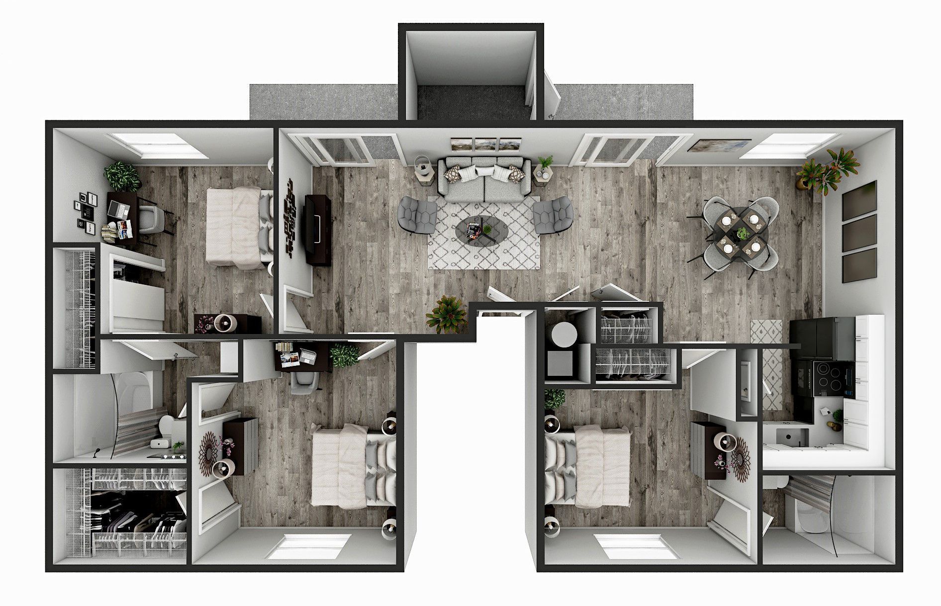 Top-down 3D floor plan of a modern apartment with living room, kitchen, bedrooms, and bathrooms