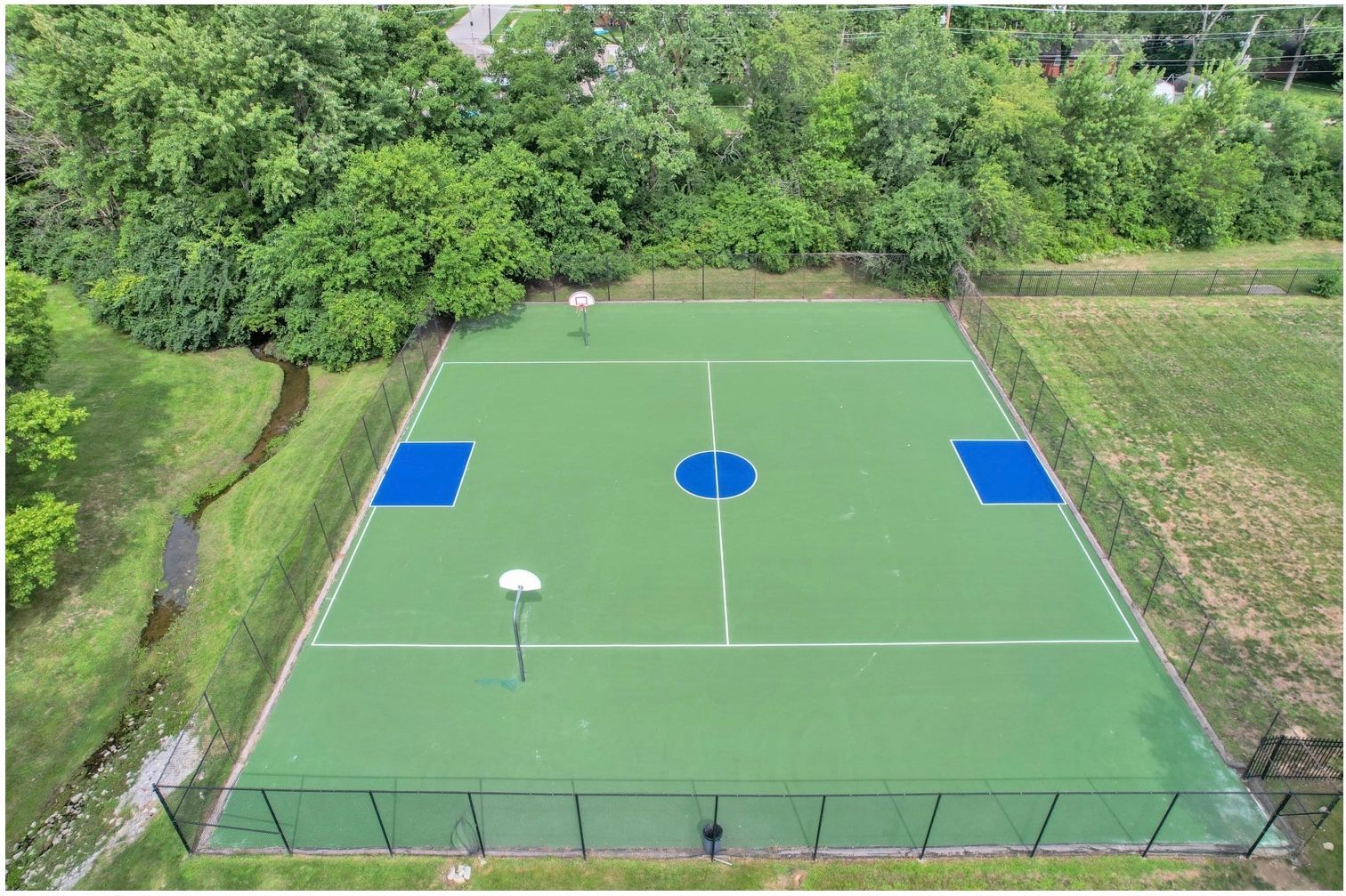 Empty green outdoor court with blue painted circles, surrounded by trees and a fence.