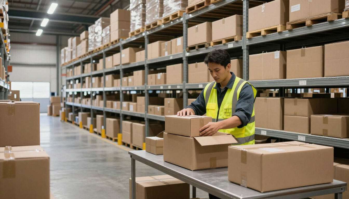 Entrepôt de logistique aux États-Unis préparant des colis pour la Nouvelle-Calédonie.