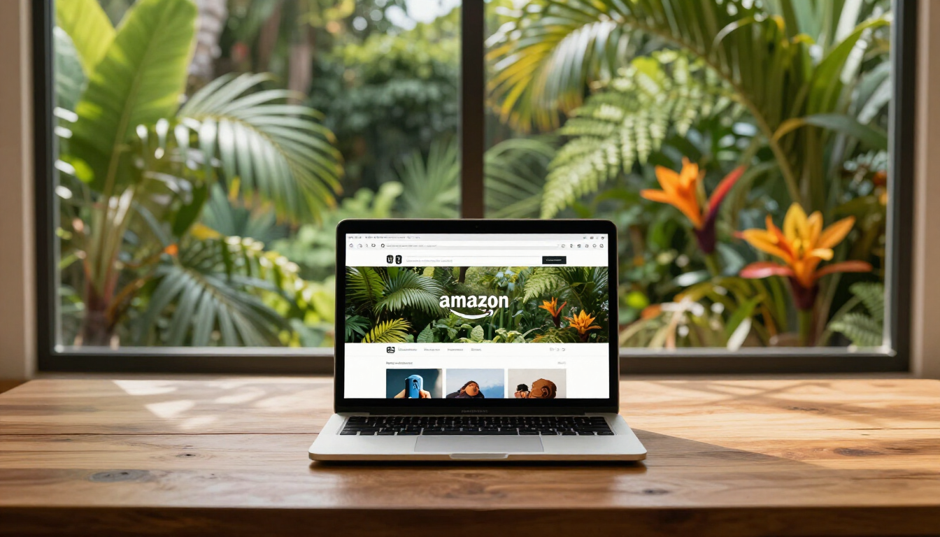 Ordinateur portable affichant le site Amazon avec un jardin tropical en arrière-plan