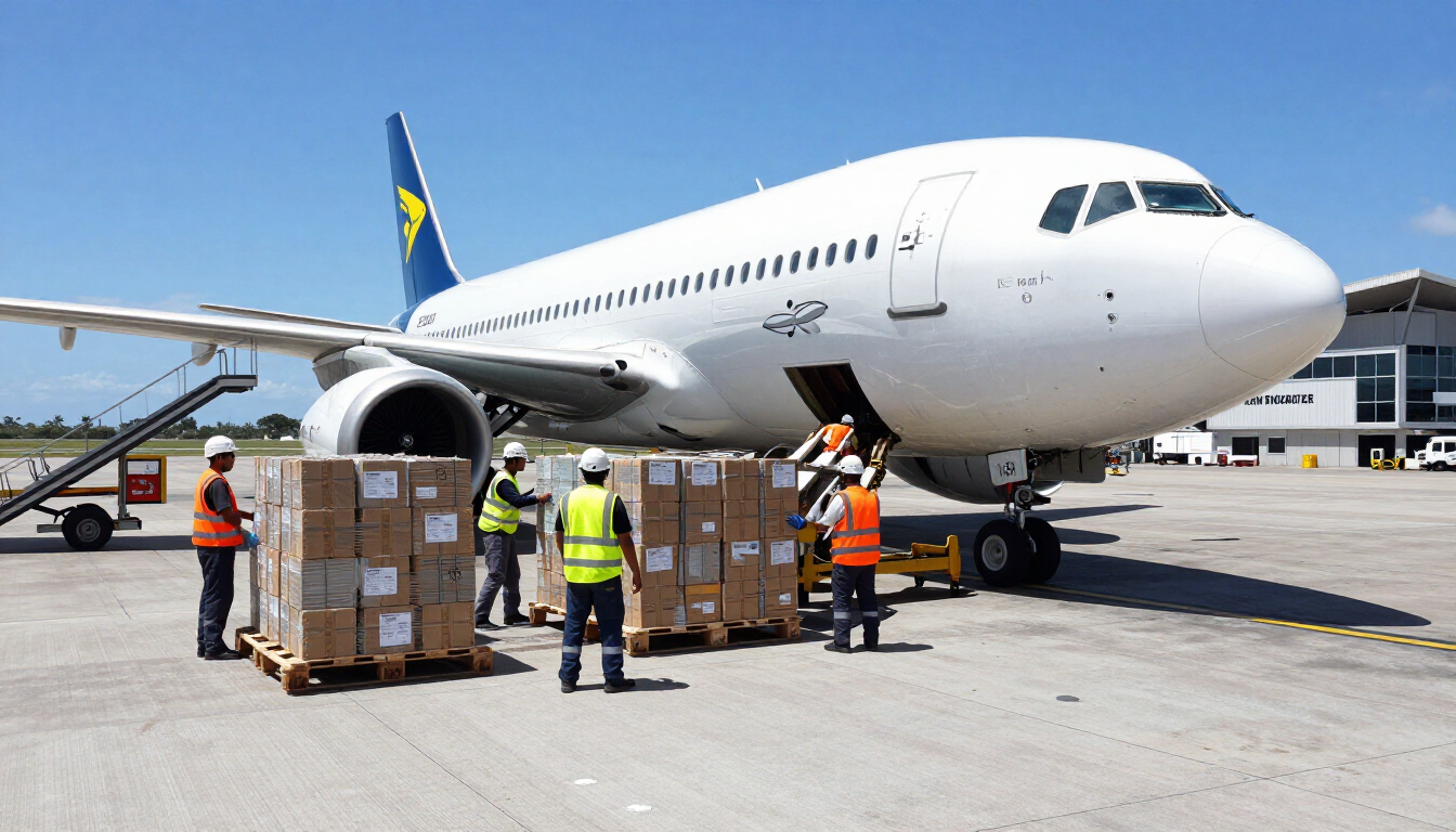 Avion-cargo déchargeant des marchandises à l'aéroport de La Tontouta par une journée ensoleillée