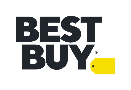 Logo Best Buy : texte noir avec étiquette de prix jaune.