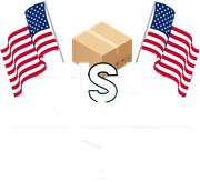 Une boîte en carton et des drapeaux américains encadrent la lettre « S », représentant un service de livraison.