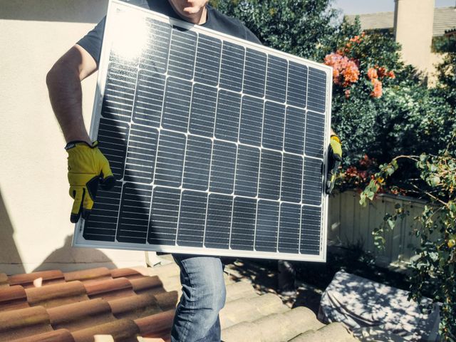 Person carrying solar panel on a rooftop with terracotta tiles, next to green bushes.