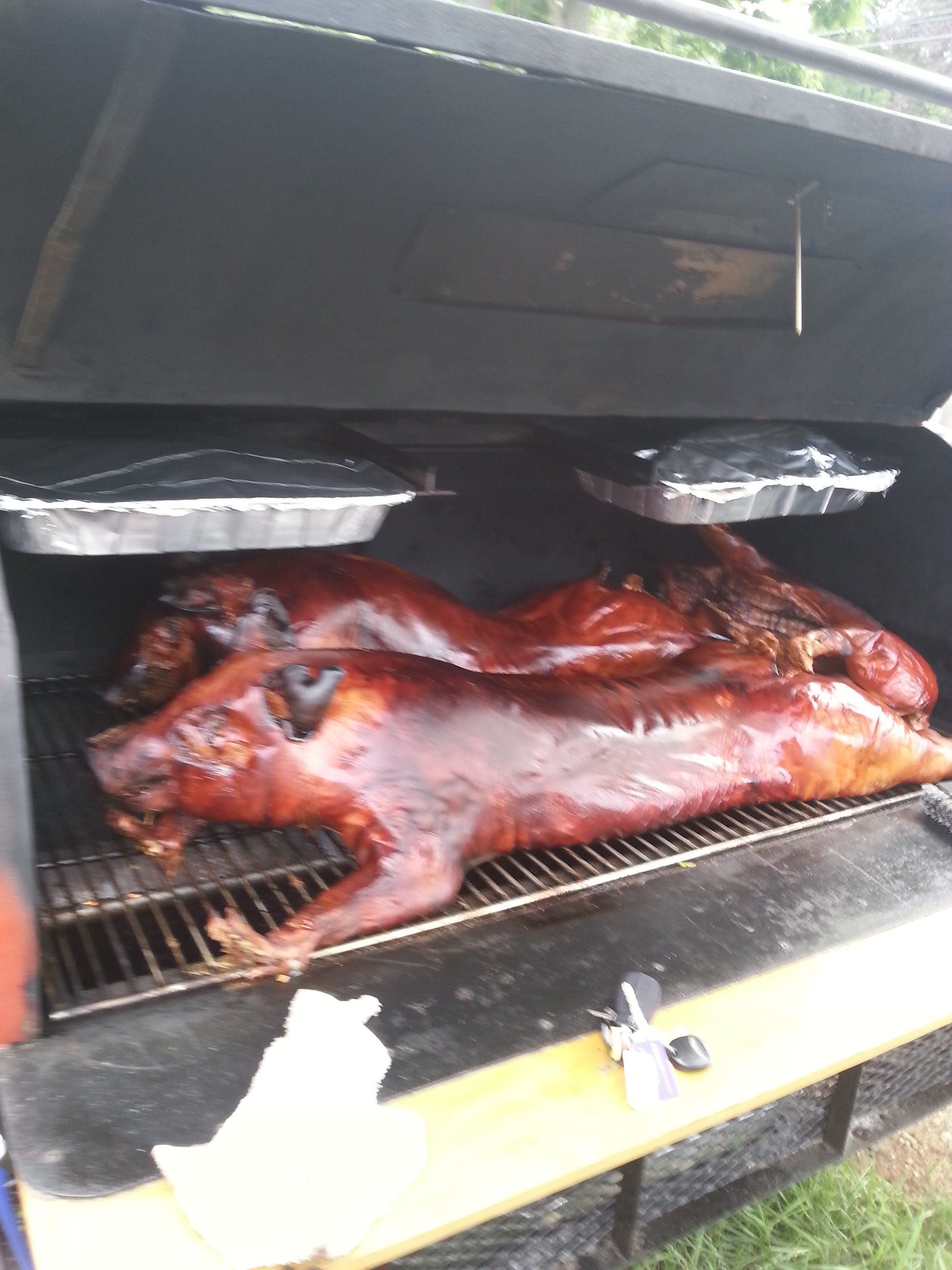 A large pig is being cooked on a grill