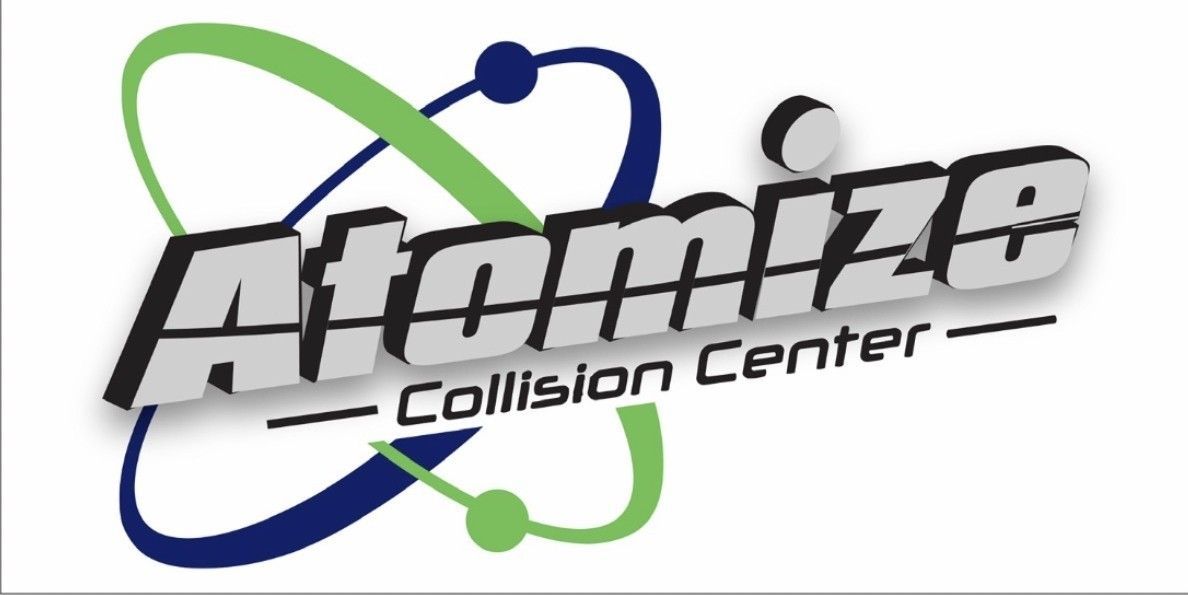Atomize Collision Center logo with stylized black text and green and blue orbital swooshes