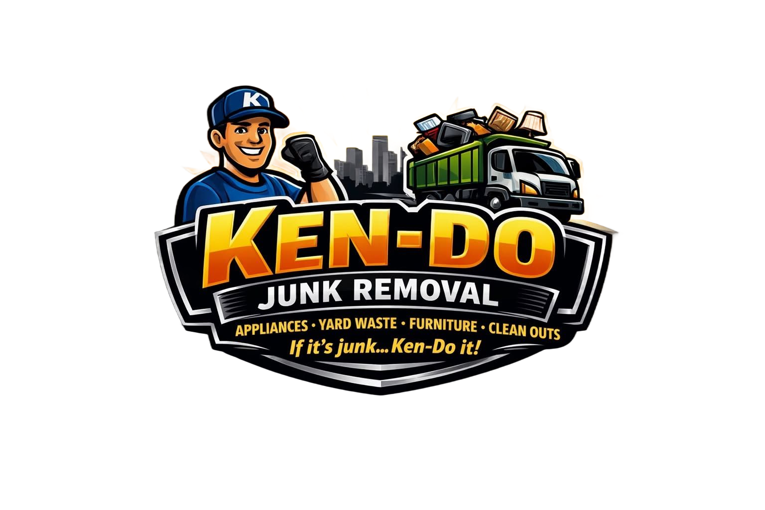 Ken-Do Junk Removal logo with smiling worker, dumpster, truck, and city skyline.
