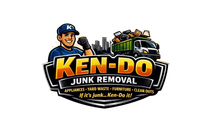 Ken-Do Junk Removal logo with smiling worker, dumpster, truck, and city skyline.