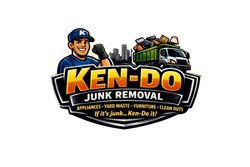 Ken-Do Junk Removal logo with smiling worker, dumpster, truck, and city skyline.