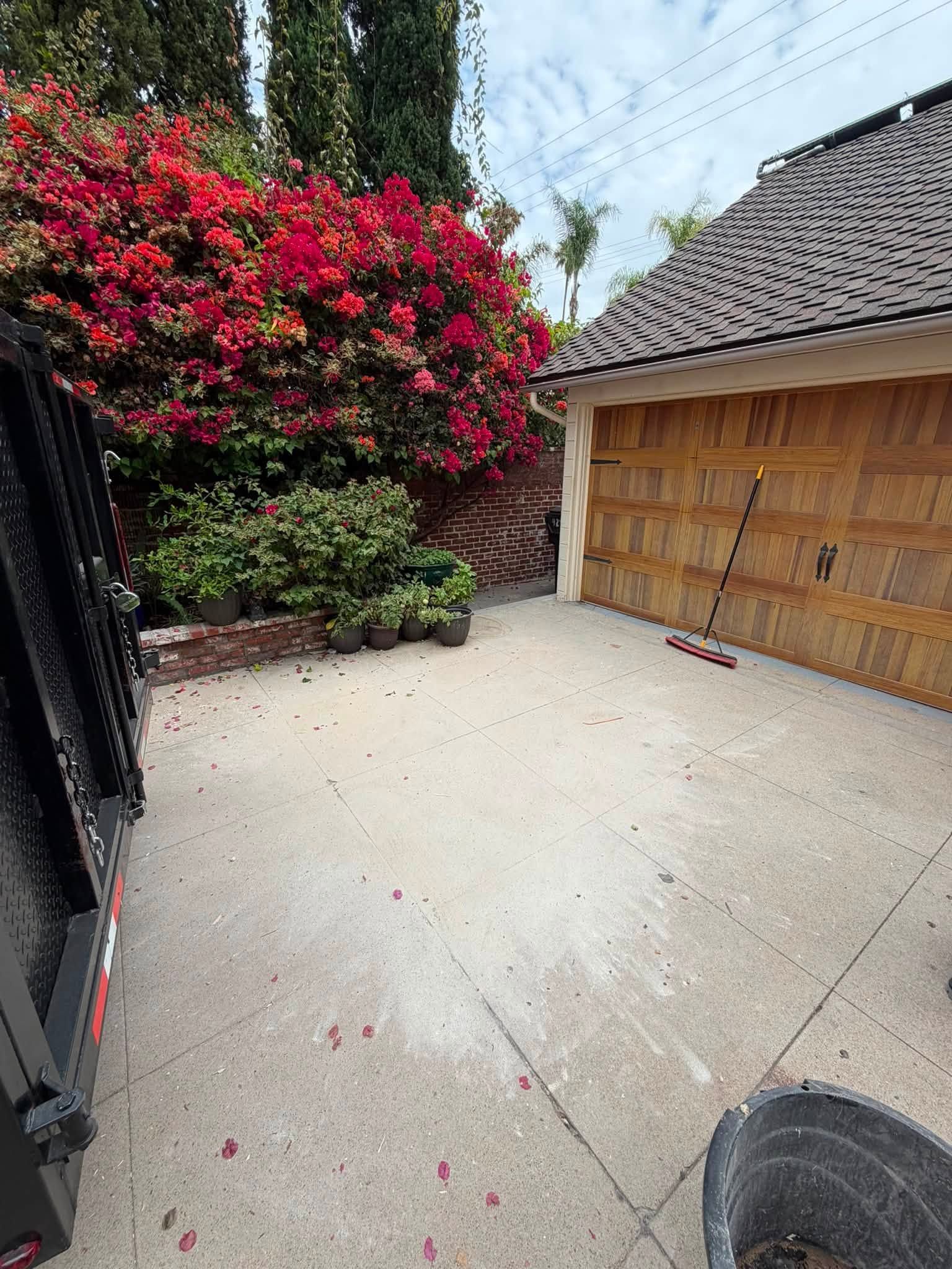 Concrete courtyard beside a wooden fence and garage, with a large red flowering bush on the left.