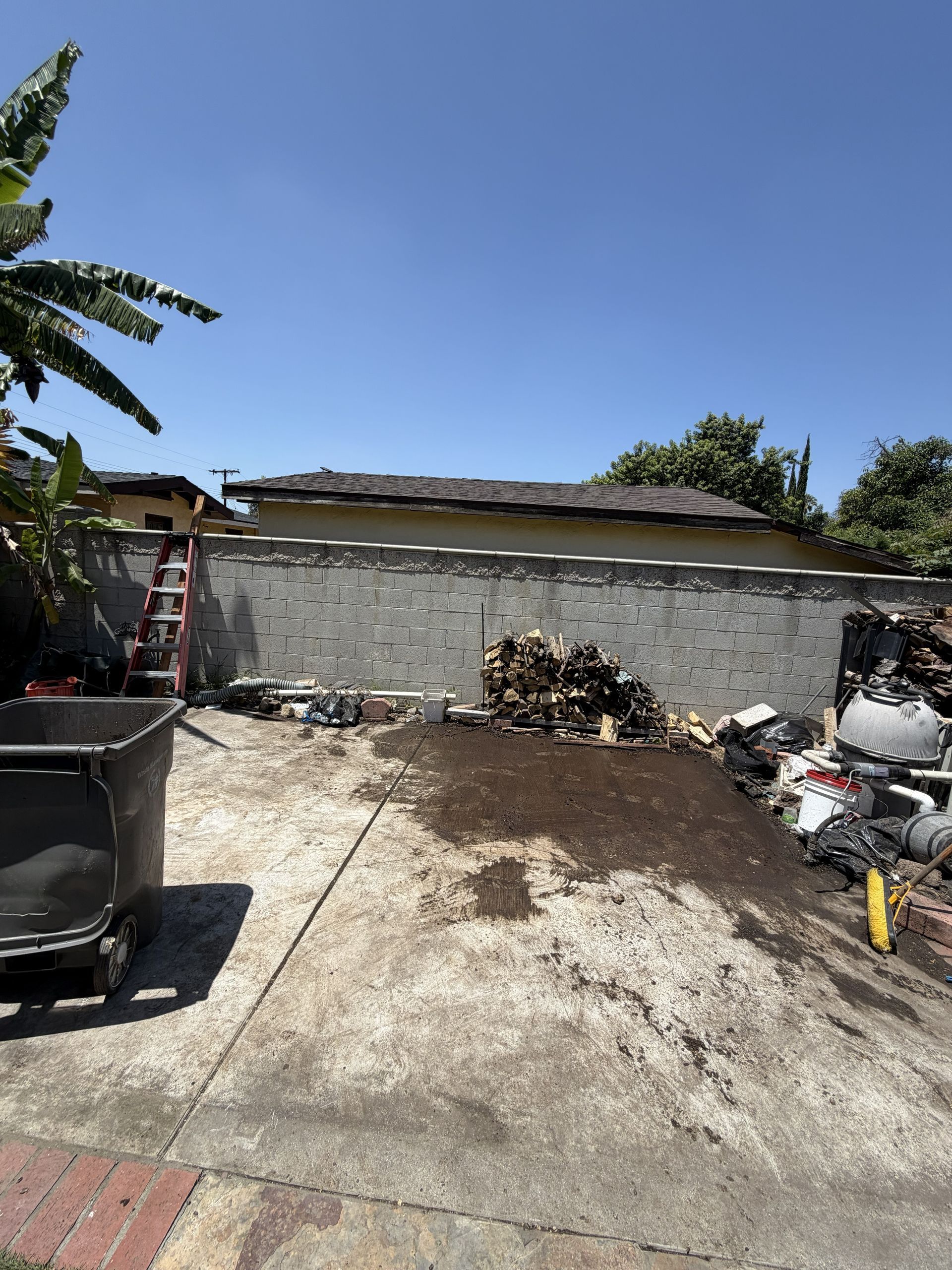 Backyard with concrete patio, white stone wall, parked scooters, and banana trees under a blue sky
