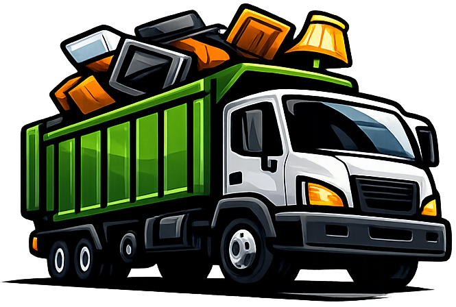 Green dump truck loaded with scrap metal and debris on a white background