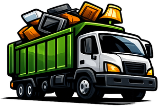 Green dump truck loaded with scrap metal and debris on a white background