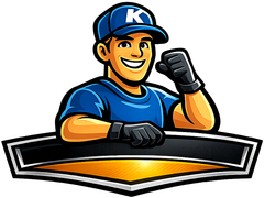 Smiling baseball player mascot in blue uniform and cap, holding a bat behind a black-and-orange banner