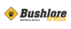 A logo for bushlore africa self drive safaris with a paw print on a yellow diamond.