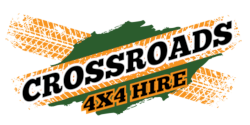 A logo for crossroads 4x4 hire with tire tracks in the background.